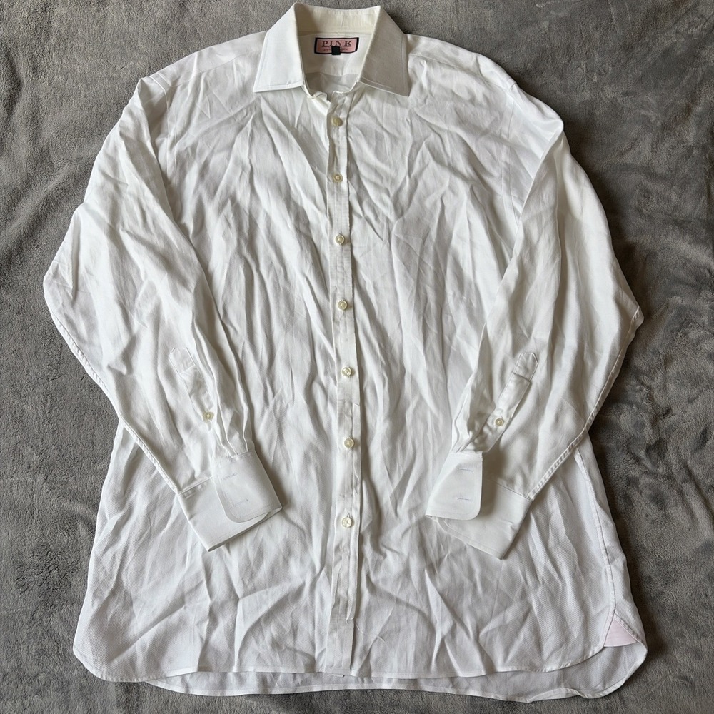 Thomas Pink Dress Shirt Mens 17-35 White Solid Classic Cotton Long Sleeve
